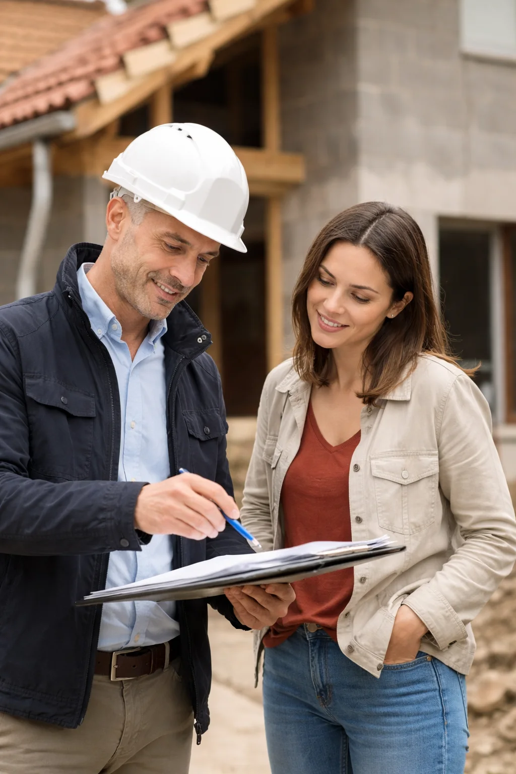 Particulier et professionnel échangeant autour des plans d’une rénovation