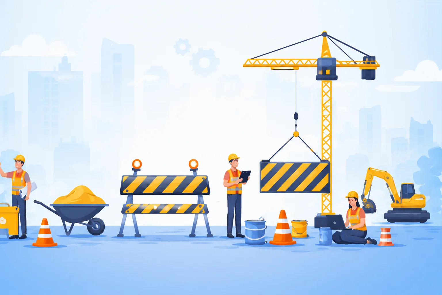 Illustration d’un chantier et de ses équipements en cours de préparation